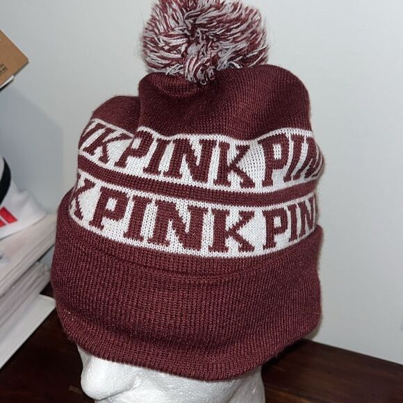Victoria's Secret PINK Pompom Logo Knit Beanie Tobbogan Toque cap hat 2 tone - Picture 1 of 4